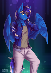 Size: 3200x4500 | Tagged: safe, alternate version, artist:sparklyon3, oc, oc only, oc:m3, pegasus, anthro, rcf community, clothes, commission, male, solo