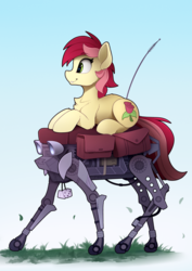 Size: 1720x2425 | Tagged: safe, artist:yakovlev-vad, roseluck, earth pony, pony, robot, g4, big dog, boston dynamics, chest fluff, cute, dice, ear fluff, female, fuzzy dice, high res, leg fluff, mare, profile, prone, riding, rosabetes, solo