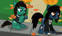 Size: 1713x1012 | Tagged: safe, artist:lightningbolt, derpibooru exclusive, earth pony, pony, undead, zombie, zombie pony, g4, .svg available, angry, autumn, bags under eyes, blood, bloodshot eyes, bone, bring me the horizon, brothers, camera, clothes, colored pupils, drop dead clothing, duo, eyes on the prize, fangs, grass, grin, halloween, holiday, hoof hold, jack-o-lantern, leaves, letter, lip piercing, long sleeves, looking at butt, male, nosebleed, oliver sykes, outdoors, photography, piercing, ponified, pumpkin, rainbow blood, scar, shirt, show accurate, siblings, sitting, smiling, stallion, standing, stitches, svg, t-shirt, tom sykes, torn ear, vector