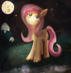 Size: 1503x1555 | Tagged: safe, artist:tiothebeetle, fluttershy, pegasus, pony, g4, female, folded wings, full moon, looking up, melancholy, moon, mountain, night, river, solo, stars, unhappy, wings