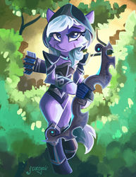 Size: 1600x2071 | Tagged: dead source, safe, artist:saxopi, oc, oc only, pony, armor, arrow, bow (weapon), bow and arrow, clothes, dota, dota 2, drow ranger, female, ponified, solo, video game crossover, weapon