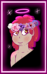 Size: 643x1000 | Tagged: safe, artist:lazerblues, oc, oc only, oc:pear, satyr, blushing, floral head wreath, flower, offspring, parent:apple bloom, solo