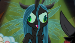 Size: 1400x800 | Tagged: safe, edit, edited screencap, screencap, cozy glow, lord tirek, queen chrysalis, changeling, changeling queen, pegasus, pony, frenemies (episode), g4, crazylis, derp, female, filly, former queen chrysalis, male