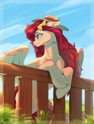 Size: 1195x1574 | Tagged: safe, artist:rrusha, oc, oc only, pegasus, pony, bow, female, fence, field, hat, mare, outdoors, smiling, solo, spread wings, wings