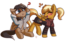 Size: 3550x2229 | Tagged: safe, artist:rivibaes, oc, oc only, oc:coffee creme, oc:quillwright, pegasus, pony, blushing, clothes, clothes swap, female, glasses, high res, hoodie, mare, not mareota, ponytail, scribe robe, sitting, steel ranger scribe