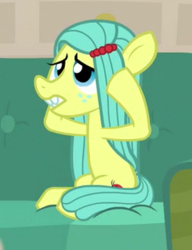 Size: 237x309 | Tagged: safe, screencap, ocellus, earth pony, pony, g4, student counsel, cropped, disguise, disguised changeling, female, head in hooves, pony ocellus, sitting, solo