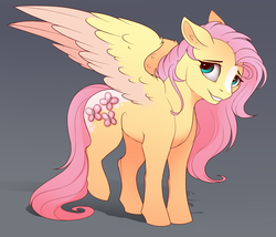 Size: 1299x1110 | Tagged: safe, artist:evehly, fluttershy, pegasus, pony, g4, alternate design, blaze (coat marking), coat markings, colored wings, cropped, cute, facial markings, female, floppy ears, gradient background, looking at you, mare, shy, shyabetes, smiling, solo, spread wings, wings