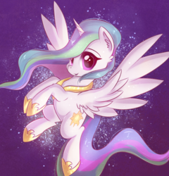 Size: 1524x1587 | Tagged: safe, artist:autumnvoyage, princess celestia, alicorn, pony, g4, abstract background, cute, cutelestia, ear fluff, female, flying, jewelry, mare, regalia, smiling, solo, spread wings, sweet dreams fuel, windswept mane, wings