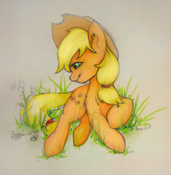 Size: 1252x1280 | Tagged: safe, artist:sinrinf, applejack, earth pony, pony, g4, cowboy hat, female, grass, hat, mare, marker drawing, sketch, solo, traditional art