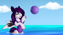 Size: 1280x720 | Tagged: safe, artist:xcinnamon-twistx, oc, oc only, oc:cinnamon twist, pegasus, pony, ball, beach ball, clothes, cute, eyes closed, happy, hind legs, legs together, one-piece swimsuit, open mouth, purple swimsuit, solo, summer, swimsuit, underhoof, water