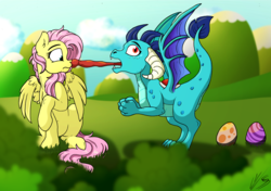 Size: 4260x3000 | Tagged: safe, artist:lupiarts, artist:snoopystallion, fluttershy, princess ember, dragon, pegasus, pony, yoshi, g4, sweet and smoky, behaving like a yoshi, belly button, butt, collaboration, comic sins, derp, dragoness, duo, egg, egg laying, female, frown, grass, imminent vore, implied oviposition, leg fluff, licking, looking back, mare, nudity, pose, raised hoof, silly, simplistic cloaca, spread wings, surprised, this will end in tears, tongue out, wat, wide eyes, wing fluff, wings