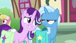 Size: 1920x1080 | Tagged: safe, screencap, lily, lily valley, starlight glimmer, trixie, pony, unicorn, g4, student counsel, cute, female, glimmerbetes, looking at each other, mare, saddle bag, smiling, trixie is not amused, unamused