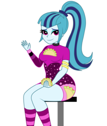 Size: 1800x2100 | Tagged: safe, artist:mashoart, sonata dusk, equestria girls, find the magic, g4, my little pony equestria girls: better together, clothes, cute, female, food, legs, lidded eyes, looking at you, minidress, ponytail, sitting, socks, solo, sonatabetes, stool, striped socks, taco, taco dress, that girl sure loves tacos, thighs, waving
