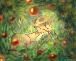 Size: 1500x1200 | Tagged: safe, artist:roya, applejack, earth pony, pony, g4, apple, cowboy hat, cute, eyes closed, female, food, grass, hat, jackabetes, mare, mouth hold, on back, sleeping, smiling, solo, stetson, straw, straw in mouth, tree