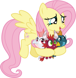 Size: 6000x6186 | Tagged: safe, artist:pirill, baby cinder, baby rubble, baby sparks, fluttershy, dragon, pegasus, pony, g4, sweet and smoky, .ai available, absurd resolution, baby, baby dragon, cute, dragoness, female, flying, male, mare, shyabetes, simple background, transparent background, vector