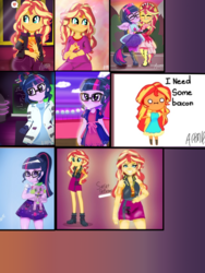 Size: 1800x2400 | Tagged: safe, artist:artmlpk, sci-twi, spike, spike the regular dog, sunset shimmer, twilight sparkle, dog, equestria girls, equestria girls series, forgotten friendship, g4, how to backstage, mad twience, my little pony equestria girls: summertime shorts, spring breakdown, spoiler:eqg series (season 2), clothes, cute, frame, geode of empathy, geode of telekinesis, glasses, lab coat, magical geodes, male, pajamas, photo, ponied up, ponytail, shimmerbetes, skirt, spikabetes, twiabetes, wings