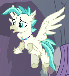 Size: 529x584 | Tagged: safe, screencap, maud pie, terramar, classical hippogriff, hippogriff, g4, student counsel, claws, cropped, flying, jewelry, male, necklace, offscreen character, solo focus, wings