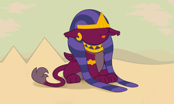 Size: 2880x1728 | Tagged: safe, artist:wispy tuft, the sphinx, sphinx, daring done?, g4, :p, antagonist, desert, ear fluff, egyptian, female, macro, pyramid, show accurate, silly, solo, tongue out, villainess