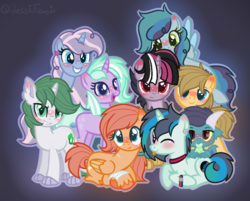 Size: 1081x867 | Tagged: safe, artist:king-justin, oc, oc only, oc:cupcake, oc:emerald, oc:ignitus, oc:johnny appleseed, oc:loki, oc:musicpop, oc:party popper, oc:snowflake glimmer, oc:sweet apple, dracony, dragon, earth pony, hybrid, pegasus, pony, unicorn, bandage, base used, blushing, choker, claw hooves, draconequus hybrid, dragon oc, female, freckles, horns, interspecies offspring, looking at you, male, mare, next gen mane six, next generation, offspring, one eye closed, outline, parent:applejack, parent:big macintosh, parent:caramel, parent:cheese sandwich, parent:discord, parent:double diamond, parent:fluttershy, parent:garble, parent:neon lights, parent:pinkie pie, parent:pokey pierce, parent:princess ember, parent:rainbow dash, parent:rarity, parent:spike, parent:starlight glimmer, parent:twilight sparkle, parent:vinyl scratch, parents:carajack, parents:cheesedash, parents:discolight, parents:emble, parents:fluttermac, parents:glimmerdiamond, parents:pokeypie, parents:sparity, parents:vinylights, prone, purple background, simple background, smiling, stallion, tongue out, wink, wristband