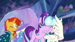 Size: 1920x1080 | Tagged: safe, screencap, starlight glimmer, sunburst, terramar, trixie, classical hippogriff, hippogriff, pony, unicorn, g4, student counsel, covering eyes, female, male, mare, stallion, treehouse of harmony, wing hands, wings