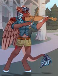Size: 2975x3850 | Tagged: safe, artist:keluturtle, oc, oc only, pegasus, anthro, unguligrade anthro, anthro oc, clothes, female, high res, leonine tail, mare, musical instrument, park, solo, violin, ych result