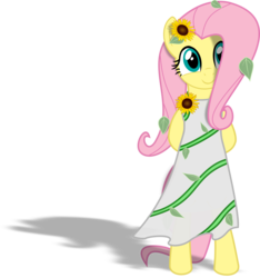 Size: 3611x3862 | Tagged: safe, artist:albert238391, fluttershy, pegasus, pony, g4, beautiful, bipedal, clothes, cute, dress, female, flower, flower in hair, high res, hooves behind back, leaves, mare, shadow, shyabetes, simple background, smiling, solo, standing, sunflower, transparent background, vector