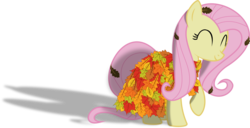 Size: 4000x2051 | Tagged: safe, artist:albert238391, fluttershy, pegasus, pony, g4, autumn, beautiful, clothes, cute, dress, eyes closed, female, leaves, mare, raised hoof, shadow, shyabetes, simple background, smiling, solo, transparent background, vector