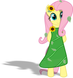 Size: 3611x3862 | Tagged: safe, artist:albert238391, fluttershy, pegasus, pony, g4, beautiful, bipedal, clothes, cute, dress, female, flower, flower in hair, high res, hooves behind back, leaves, mare, shadow, shyabetes, simple background, smiling, standing, sunflower, transparent background, vector