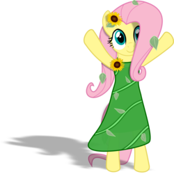 Size: 3860x3862 | Tagged: safe, artist:albert238391, fluttershy, pegasus, pony, g4, beautiful, bipedal, clothes, cute, dress, female, flower, flower in hair, high res, hooves in air, leaves, mare, shadow, shyabetes, simple background, smiling, solo, standing, sunflower, transparent background, vector