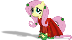 Size: 4000x2212 | Tagged: safe, artist:albert238391, fluttershy, pegasus, pony, g4, beautiful, clothes, cute, dress, female, food, fruit, hoof shoes, leaves, mare, shadow, shyabetes, simple background, smiling, solo, strawberry, transparent background, vector