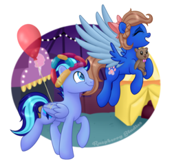 Size: 1875x1795 | Tagged: safe, artist:raspberrystudios, oc, oc only, oc:jet stream, oc:midnight luna, pegasus, pony, balloon, balloon hat, bow, carnival, commission, female, male
