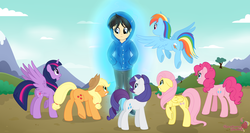 Size: 4041x2145 | Tagged: safe, artist:raspberrystudios, applejack, fluttershy, pinkie pie, rainbow dash, rarity, twilight sparkle, oc, alicorn, equestria girls, g4, clothes, commission, floppy ears, hill, hoodie, mane six, tree, twilight sparkle (alicorn)