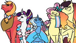 Size: 1280x732 | Tagged: safe, artist:lieutenantcactus, big macintosh, fluttershy, princess celestia, rarity, trixie, pony, g4, alternate hairstyle, alternate universe, bow, cape, clothes, eyes closed, female, flag, freckles, hair bow, horn, horn ring, lgbt headcanon, mare, mouth hold, pride, pride flag, pride month, simple background, trans big macintosh, trans female, trans fluttershy, trans trixie, transgender, transgender pride flag, white background