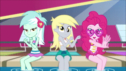 Size: 1920x1080 | Tagged: safe, edit, edited screencap, editor:someguy845, screencap, sound edit, derpy hooves, lyra heartstrings, pinkie pie, equestria girls, g4, i'm on a yacht, my little pony equestria girls: better together, animated, animation error, belly button, bikini, bikini babe, clothes, cute, dancing, derpabetes, diapinkes, female, glasses, heart shaped glasses, lidded eyes, looking at you, lyra heartstrings swimsuit, lyrabetes, midriff, music, pool party, sound, sunglasses, swimming pool, swimsuit, trio, trio female, webm