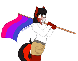 Size: 970x755 | Tagged: safe, artist:redxbacon, oc, oc only, oc:florid, earth pony, anthro, bisexual pride flag, clothes, flag, pride, pride month, red and black oc, solo