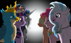 Size: 16403x10000 | Tagged: safe, artist:faitheverlasting, gallus, pinkie pie, silverstream, somnambula, star swirl the bearded, twilight sparkle, alicorn, griffon, hippogriff, pony, g4, absurd file size, absurd resolution, amulet, amulet of aurora, big crown thingy, crown, crown of grover, dangerously high res, element of laughter, element of magic, good end, jewelry, journal, king gallus, regalia, somnambula's blindfold, starswirl's book, twilight sparkle (alicorn)