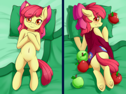 Size: 1339x1000 | Tagged: safe, artist:fearingfun, apple bloom, earth pony, pony, semi-anthro, adorabloom, apple, back, bed, belly button, blank flank, blanket, bloom butt, blushing, body pillow, body pillow design, bow, butt, cape, cloak, clothes, cmc cape, crossed arms, crossed hooves, cute, female, filly, food, frog (hoof), hair bow, human shoulders, humanoid torso, looking at you, looking back, looking back at you, lying down, on back, on bed, pillow, plot, smiling, solo, underhoof