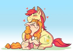 Size: 3073x2234 | Tagged: safe, artist:ohjeetorig, bright mac, pear butter, earth pony, pony, g4, blushing, brightabetes, colored hooves, cowboy hat, cute, eyes closed, female, floating heart, gradient background, hat, heart, high res, male, mare, official fan art, pearabetes, ship:brightbutter, shipping, sitting, snuggling, stallion, straight, unshorn fetlocks