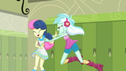Size: 4624x2601 | Tagged: safe, artist:phucknuckl, bon bon, lyra heartstrings, sweetie drops, equestria girls, g4, adorabon, best friends, boots, canterlot high, clothes, cute, dress, eyes closed, female, giggling, happy, headphones, incoming hug, lesbian, lockers, lyrabetes, open mouth, ship:lyrabon, shipping, shoes, shorts, smiling, teenager, vector, wholesome