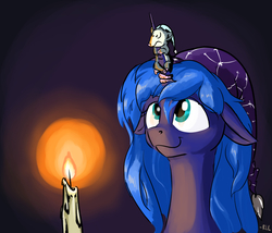 Size: 2800x2400 | Tagged: safe, artist:rocket-lawnchair, princess luna, tiberius, alicorn, opossum, pony, g4, bad dream, candle, female, floppy ears, frightened, hat, high res, nightcap