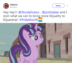 Size: 619x540 | Tagged: safe, edit, screencap, starlight glimmer, human, g4, the cutie map, equal cutie mark, equality, female, josh haber, meta, mike vogel, nicole dubuc, pride, pride month, s5 starlight, solo, text, twitter