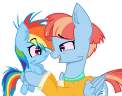 Size: 1010x791 | Tagged: safe, artist:crazyaya, artist:meadowdash101, rainbow dash, windy whistles, pegasus, pony, g4, baby, baby dash, baby pony, base used, big ears, cheek fluff, cute, daaaaaaaaaaaw, dashabetes, ear fluff, female, foal, freckles, happy, heart eyes, hnnng, holding a pony, like mother like daughter, like parent like child, looking at each other, mare, mother and daughter, open mouth, simple background, smiling, transparent background, windybetes, wingding eyes, young, younger