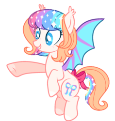 Size: 1100x1162 | Tagged: safe, artist:awoomarblesoda, oc, oc only, oc:frosting, bat pony, pony, bow, female, mare, simple background, smiling, solo, spread wings, tail, tail bow, transparent background, wings