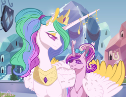 Size: 2117x1628 | Tagged: safe, artist:luna dave, princess cadance, princess celestia, alicorn, pony, g4, alternate hairstyle, aunt and niece, colored wings, colored wingtips, female, horn, horn jewelry, hug, jewelry, makeup, mare, momlestia, no pupils, regalia, teen princess cadance, wing fluff, winghug, wings