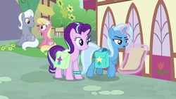 Size: 1920x1080 | Tagged: safe, screencap, lily, lily valley, royal riff, starlight glimmer, trixie, pony, g4, student counsel, magic, saddle bag, scroll