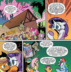 Size: 852x855 | Tagged: safe, artist:andy price, idw, apple bloom, applejack, cosmos, discord, fluttershy, pinkie pie, rainbow dash, rarity, scootaloo, spike, sweetie belle, butterfly pony, dragon, g4, spoiler:comic, spoiler:comic78, breaking the fourth wall, cutie mark crusaders, flutterfly, fourth wall, meta, species swap, winged spike, wings