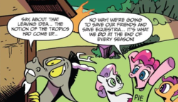 Size: 517x297 | Tagged: safe, artist:andypriceart, idw, discord, pinkie pie, scootaloo, sweetie belle, g4, spoiler:comic, spoiler:comic78, meta