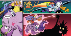 Size: 859x441 | Tagged: safe, artist:andy price, idw, official comic, cosmos, rainbow dash, rarity, spike, draconequus, dragon, fish, pegasus, pony, rainbow trout, g4, spoiler:comic, spoiler:comic78, comic, female, fishified, male, rarifish, species swap, speech bubble, transformation, winged spike, wings