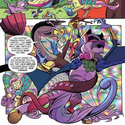 Size: 858x858 | Tagged: safe, artist:andy price, idw, official comic, cosmos, discord, fluttershy, rainbow dash, rarity, spike, butterfly pony, draconequus, dragon, fish, pony, rainbow trout, g4, spoiler:comic, spoiler:comic78, armpits, chocolate, chocolate milk, cosmageddon, female, fight, fishified, flutterfly, inside out umbrella, male, mare, milk, rarifish, species swap, speech bubble, umbrella, winged spike, wings