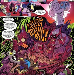 Size: 853x856 | Tagged: safe, artist:andypriceart, idw, official comic, ahuizotl, cosmos, discord, fluttershy, lord tirek, nightmare moon, nightmare rarity, pony of shadows, queen chrysalis, rainbow dash, rarity, spike, storm king, changeling, changeling queen, draconequus, fish, rainbow trout, g4, my little pony: the movie, spoiler:comic, spoiler:comic78, antagonist, body horror, comic, cosmageddon, eldritch abomination, female, fishified, inanimate tf, male, nightmare fuel, petrification, rarifish, species swap, speech bubble, star trek, star trek (tos), statue, transformation, you know for kids